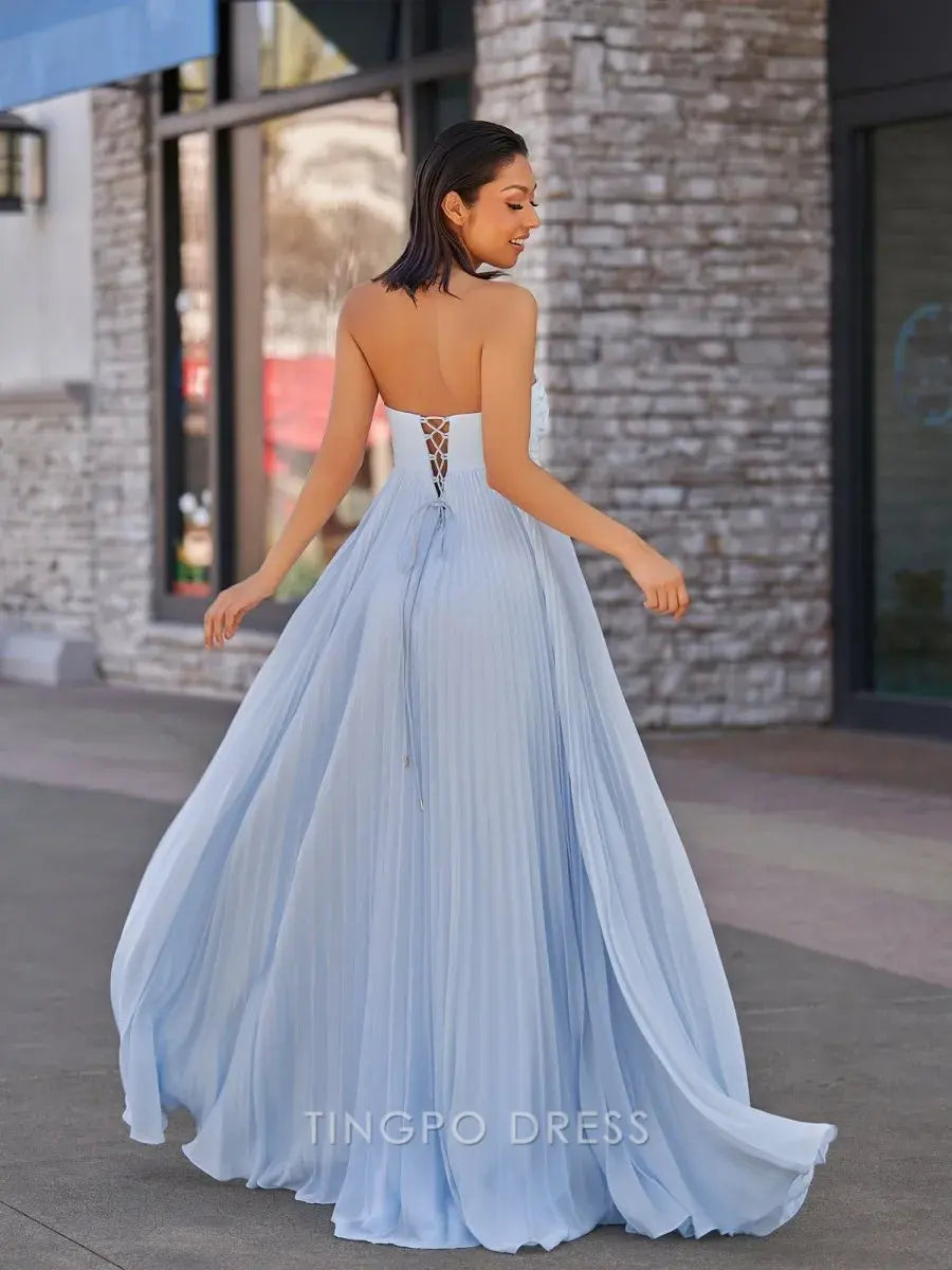 Elegant A Line Strapless Chiffon Bow Detail Pleated Maxi Dress with Scarf Long